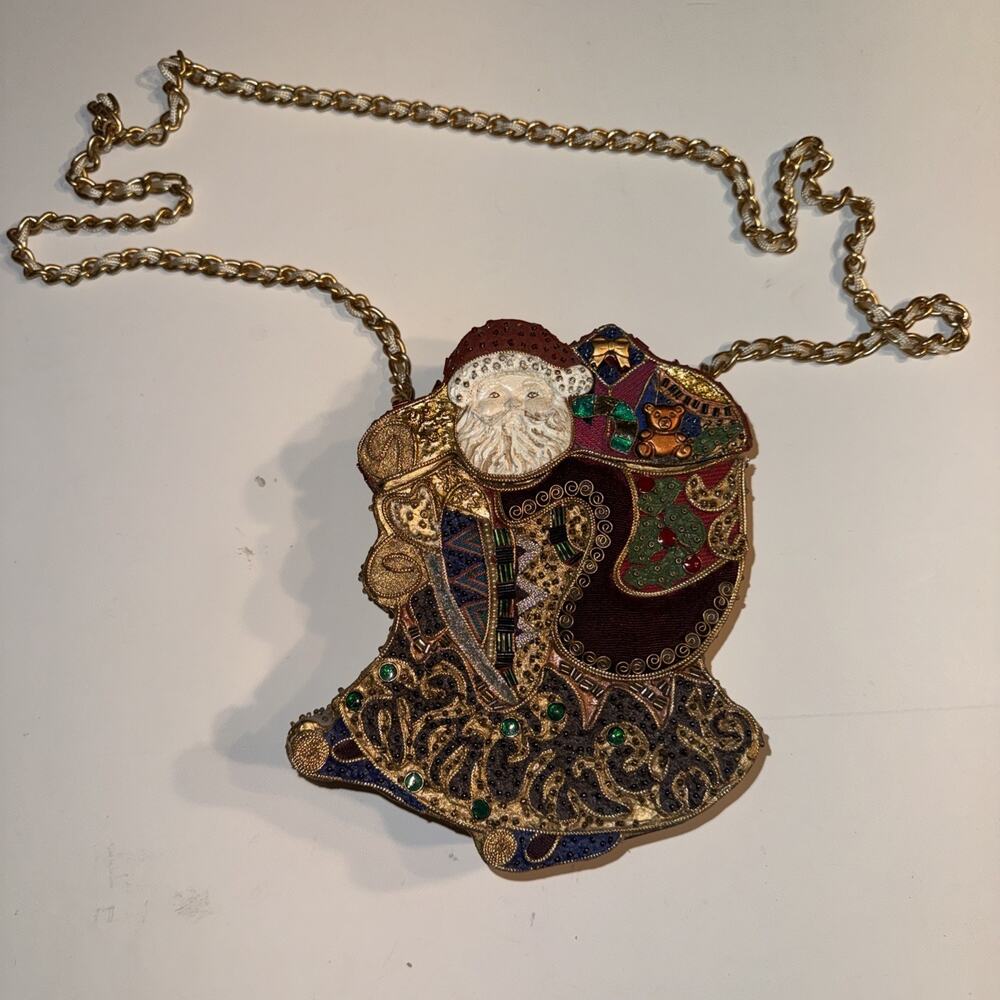 Mary Frances Wood Velvet Beaded Santa Xmas Chain Handbag Purse Holiday